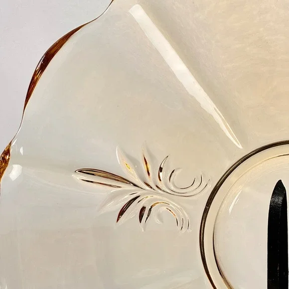 Vintage Amber Glass Scalloped Edge Dessert Cake‎ Stand Tray Floral Etched Topaz - Picture 9 of 16